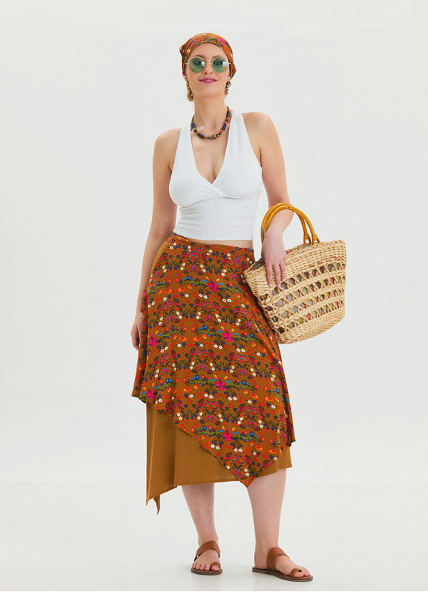 Mustard Bohemian Skirt with Elastic Waist and Tie Detail 4520